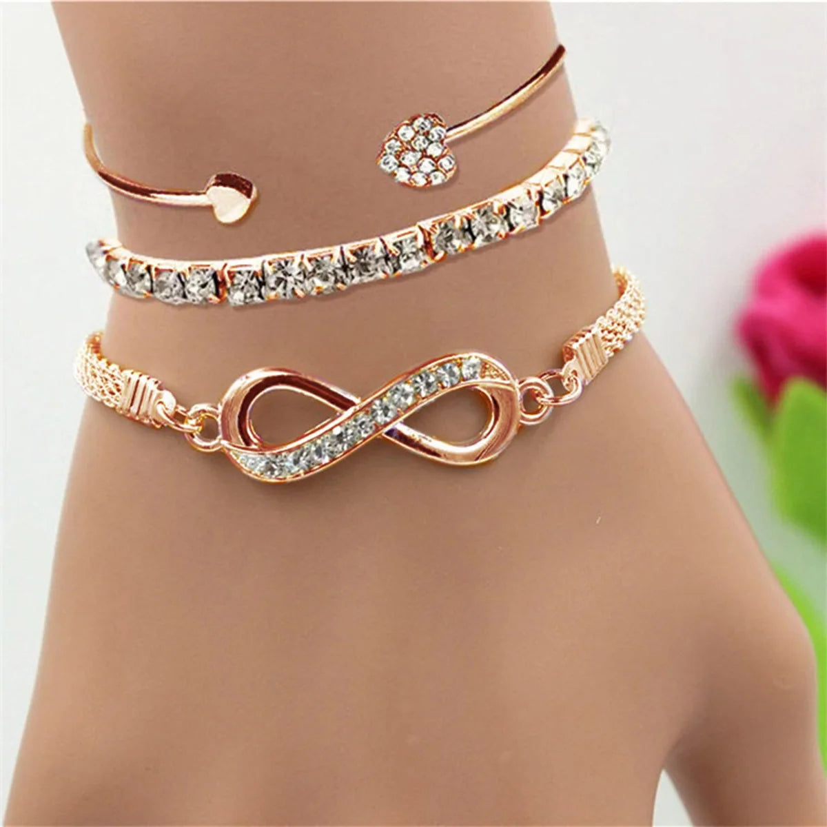 Vintage Infinity Heart Crystal Rhinestone Bracelet Set for Women Female Gold Color Metal Adjustable Bracelets Fashion Jewelry