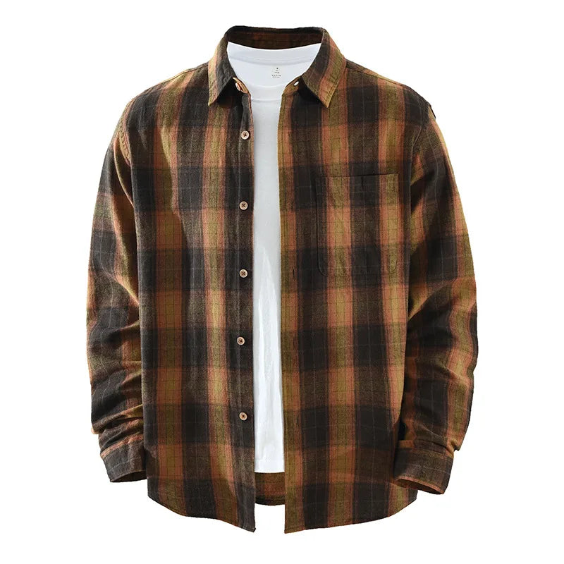 Oversized 100% Cotton Men's Plaid Shirt, Japanese Casual Style, Green Coffee Check Camping Fishing