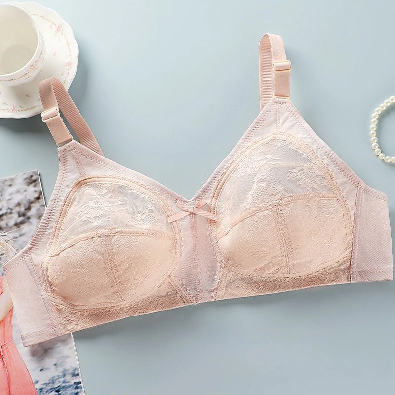 Ultra Thin Sexy Lace Full Cup Bra Women's Plus Size Floral No Steel Ring Bra Ultra-Thin No Sponge Transparent Push Up Underwear