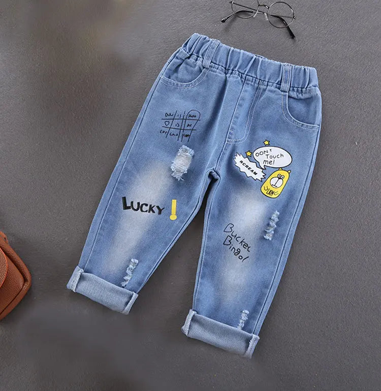 Children Jeans  Boys Cotton Print Splice Stretch Denim Pants Korean Teenage Trousers Wear Kids ClothingDenimRipped Spring Autum