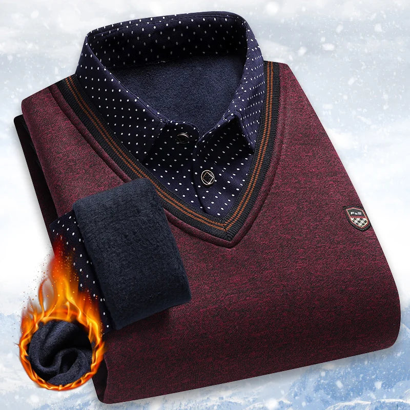Vintage Plaid Sweater Pullover Men Thick Warm Knitwear Winter Autumn Clothing Patchwork Men's Fleeced Polo Collar Pullovers