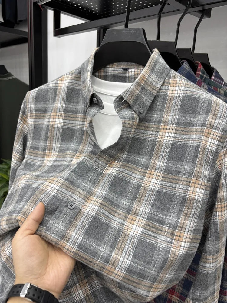 New 2025 Men's Long Sleeve Cotton Shirt Fleece Business Casual Easy Care Youth Outerwear Top Polyester Fiber Cool Sensation