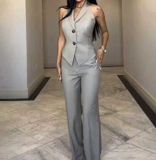 Summer Solid Color Lapel Sleeveless Button Up Vest and High Waisted Straight Leg Pants Set for Women's Fashionable Commuting Set