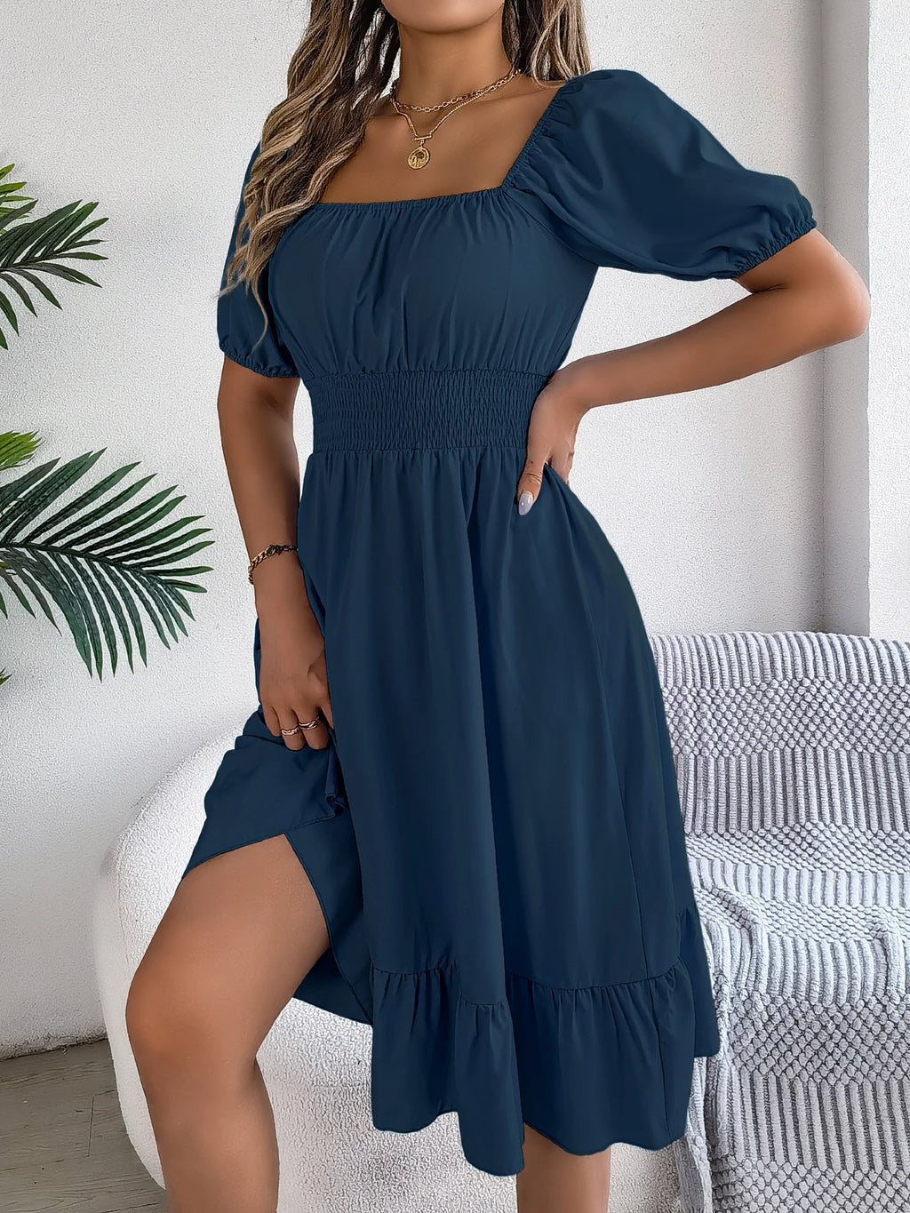 Spring Summer Elegant High Waisted Dress Square Neck Short Sleeved Ruffled Edge Long Dresses for Women 2026 Valentine's Day