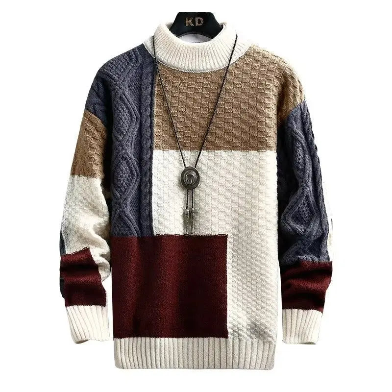 Retro Spliced Thickened round Neck Sweater for Men Loose Fit Knitted Winter Fashion Casual Cotton Polyester Blend Knitwear