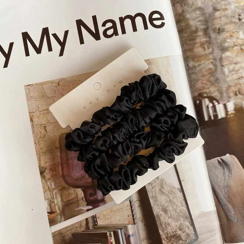 4pcs Real Silk Skinnies Small Scrunchie Set Hair Bow Ties Ropes Bands Skinny Scrunchy Elastics Ponytail Holders for Women Girls