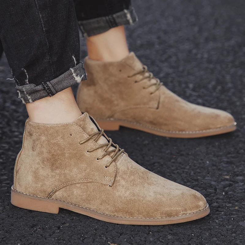 British Style Brown Men's Chelsea Boots Retro Lace Up Suede Boots Men Pointed-toe Leather Casual Ankle Boots Men botas masculino