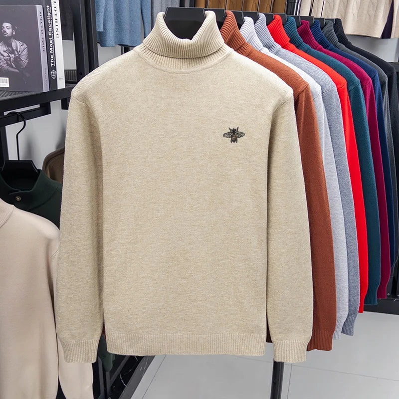 Luxury Brand Men's Autumn Winter Knit Sweater High Neck Long Sleeves Embroidery Pullover Leisure Business Keep Warm Men Clothing