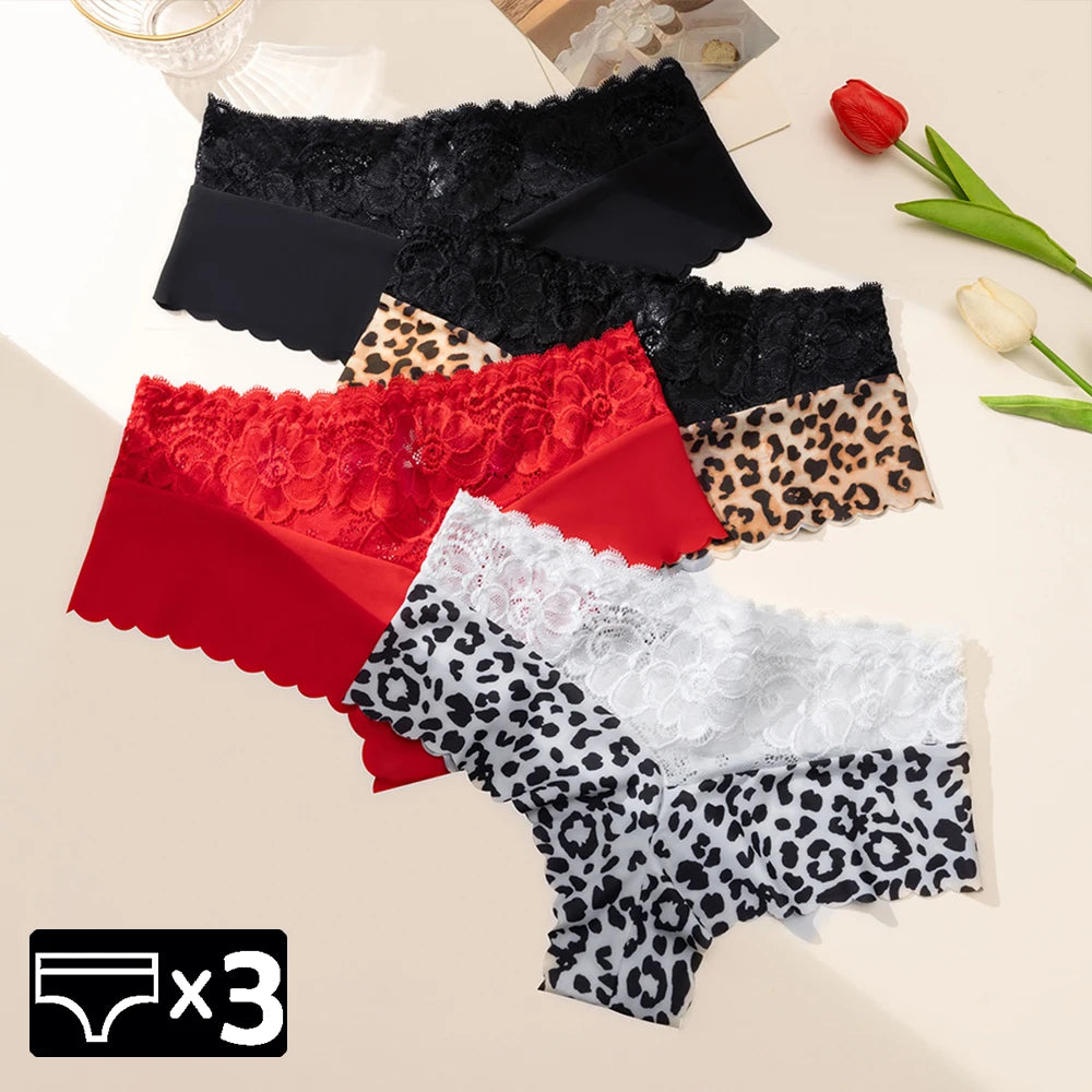 Women's 3 Pieces Panties Sexy Leopard Lace Lingerie Woman Underwear Ladies Underpants Solid Color Woman Clothing Knickers