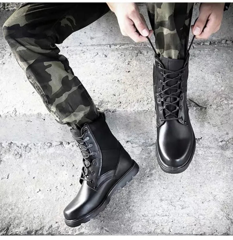 Men's Security Boots Black High-top Leather Boots Outdoor Tactical Combat Boots Anti Slip Hiking Boot Hunting Safety Shoes Botas