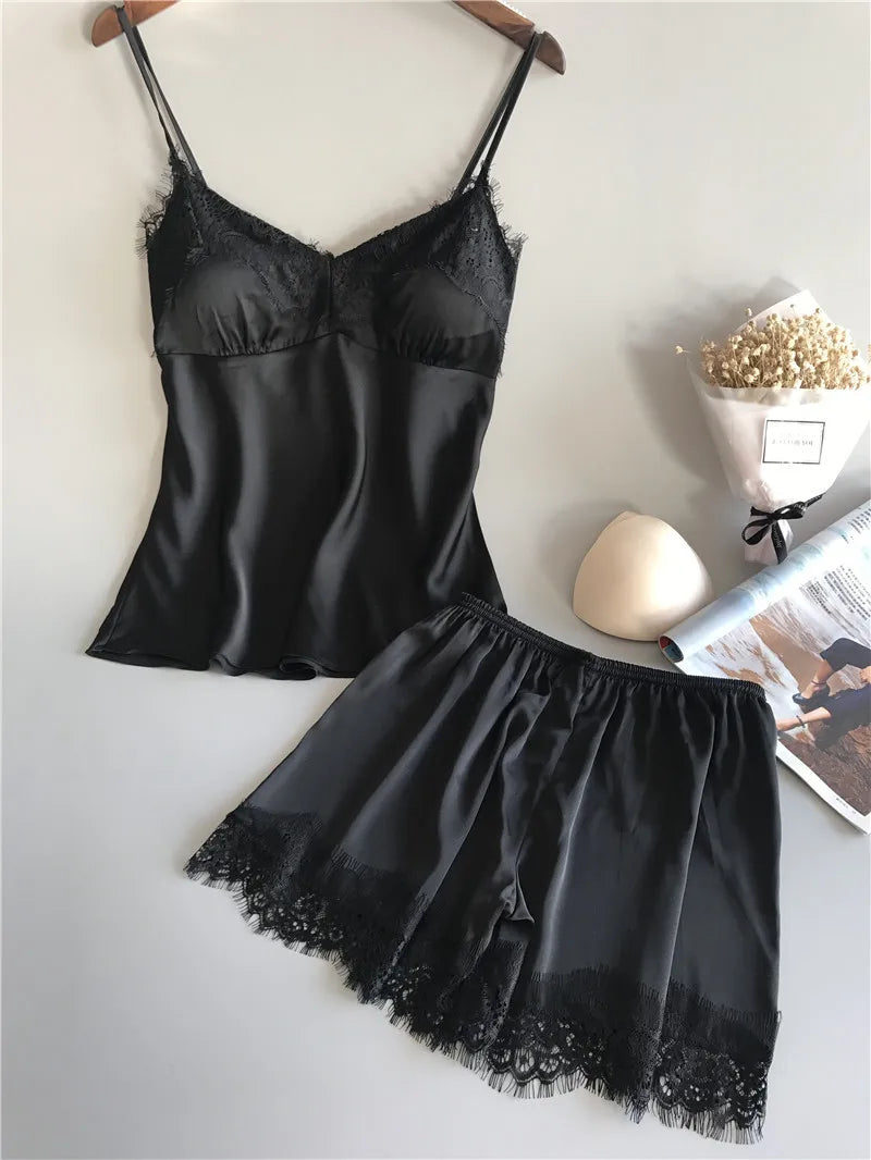 Women's Sleepwear Sexy Lingerie Lace Satin Pajama Sets Nightwear Sleeveless Tops+Shorts 2 Pcs Sets Pyjama Sets