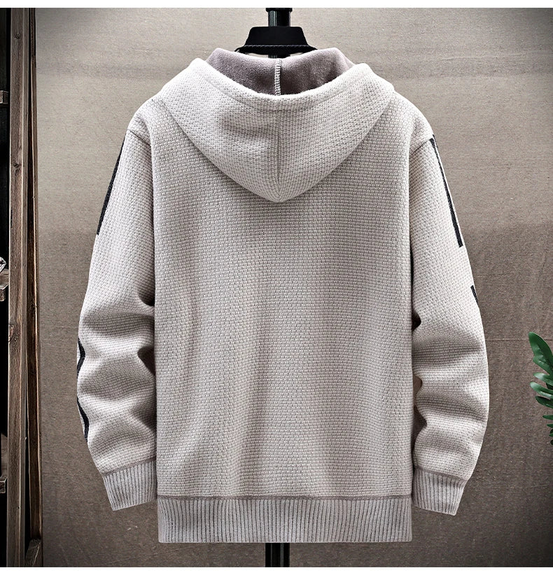 Mens Fashion Sweater Cardigan Fleece Lined Hood Sweaters Jacket Retro Sweaters Coat Zipper Up Knit Cardigans