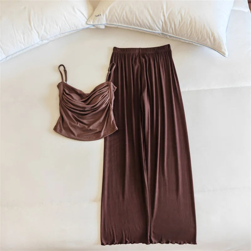 Sexy Lingerie Trousers Sets New Modal Sleepwear Women's Spring Summer Camisole Pants Two-piece Set Chest Pad Home Wear Pajamas